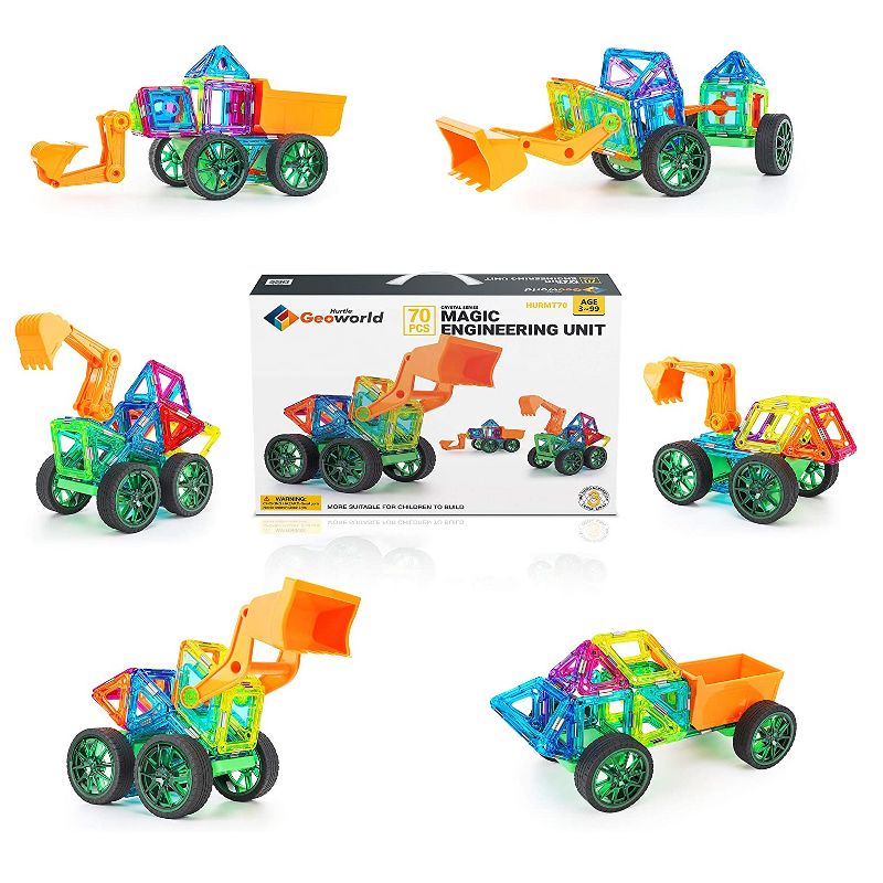 Hurtle Kids Childrens Deluxe 70 Piece Engineering Magnetic Building Block Set with 2 Big Wheels, Car Body, and Bulldozer Arm, Multicolored (2 Pack)