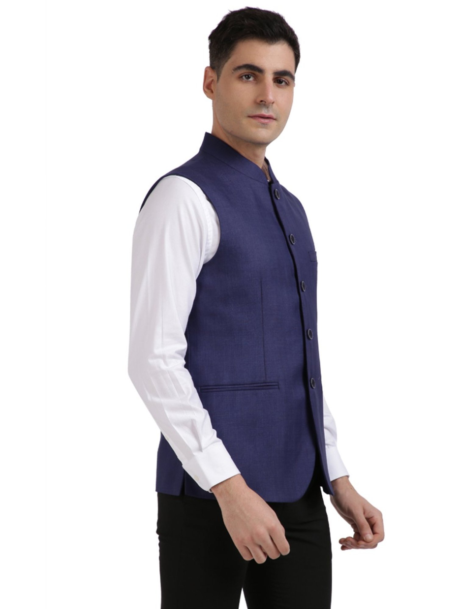 Colorplus Blue Tailored Fit Checks Nehru Jacket