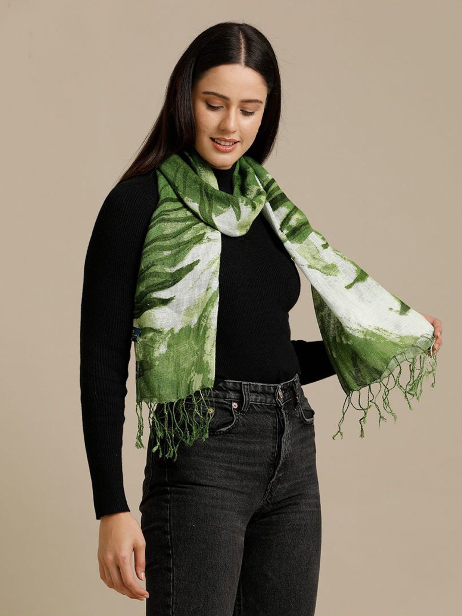 Linen Club Green Printed Pure Linen Stole