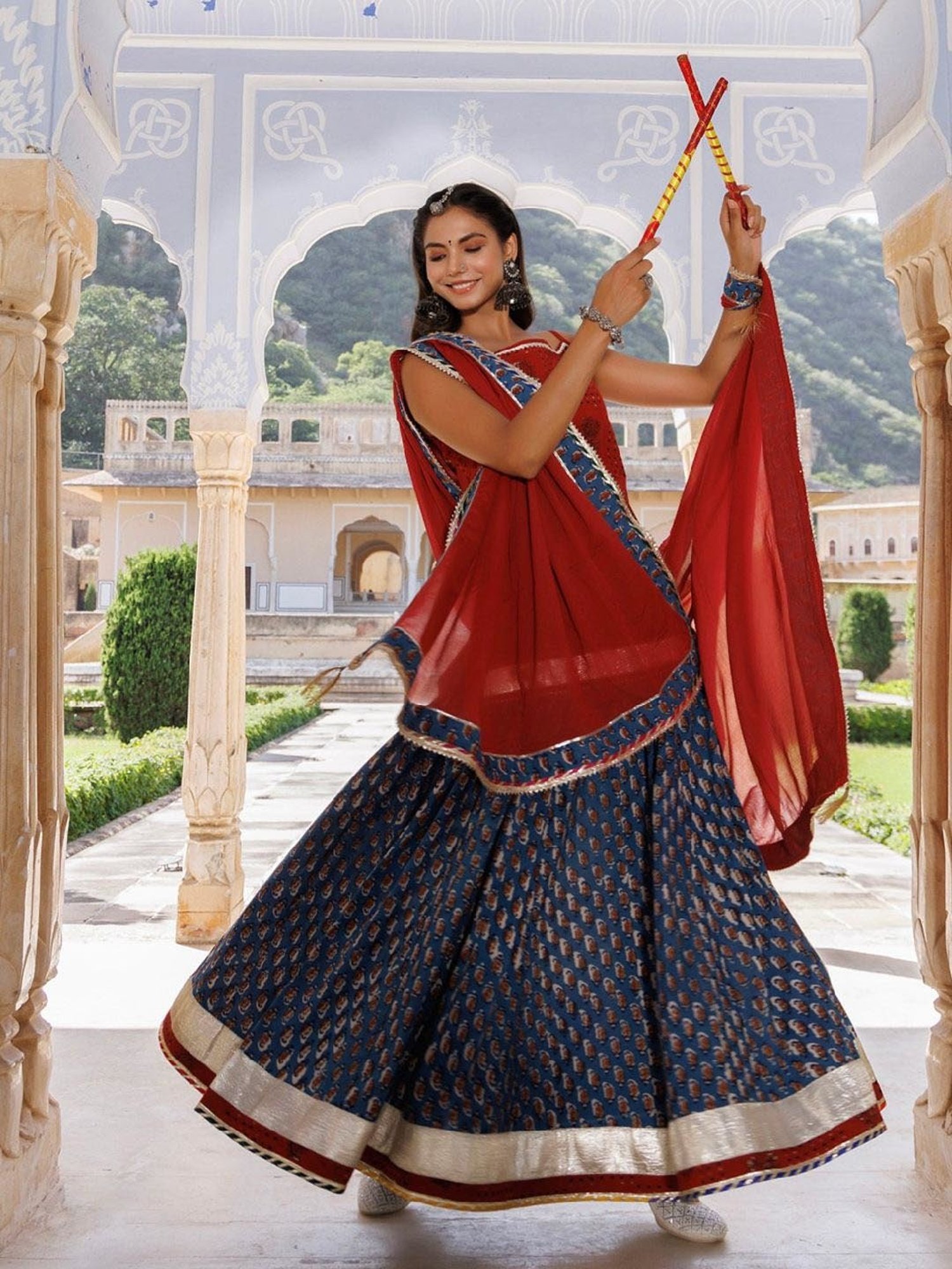 Geroo Jaipur Indigo-Red Pure Cotton Hand Block Printed Skirt Set