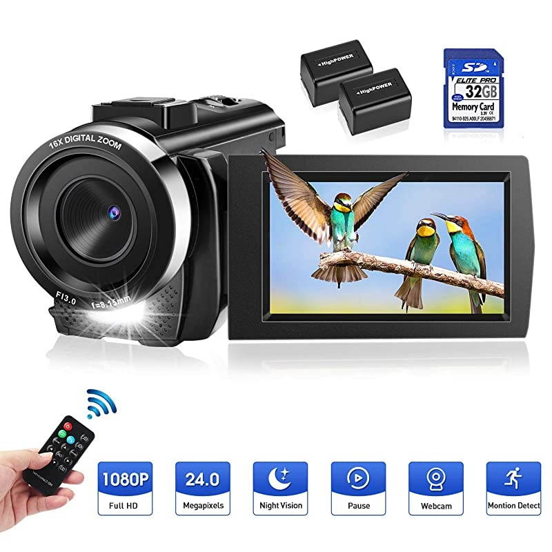 Video Camera Camcorder Full HD 1080P 30FPS Digital Camera 16X Digital Zoom Camcorder Vlogging Camera for YouTube 30 Inch LCD 270 Degrees IPS Screen LED with 2 Batteries