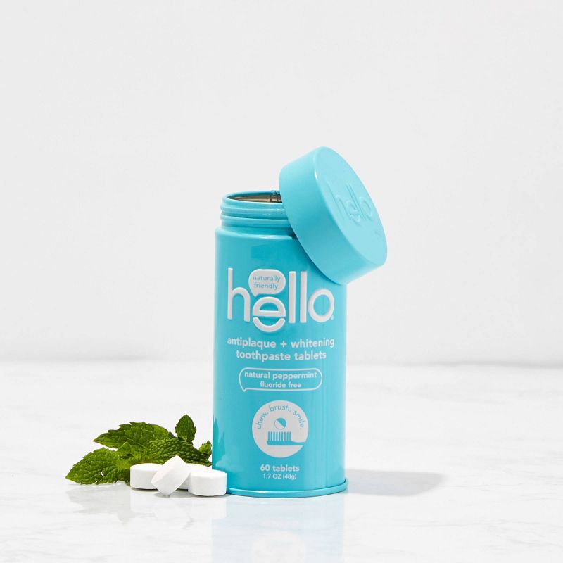 hello Antiplaque + Whitening Toothpaste Tablets Natural Peppermint Fluoride Free - Trial Size - 60ct