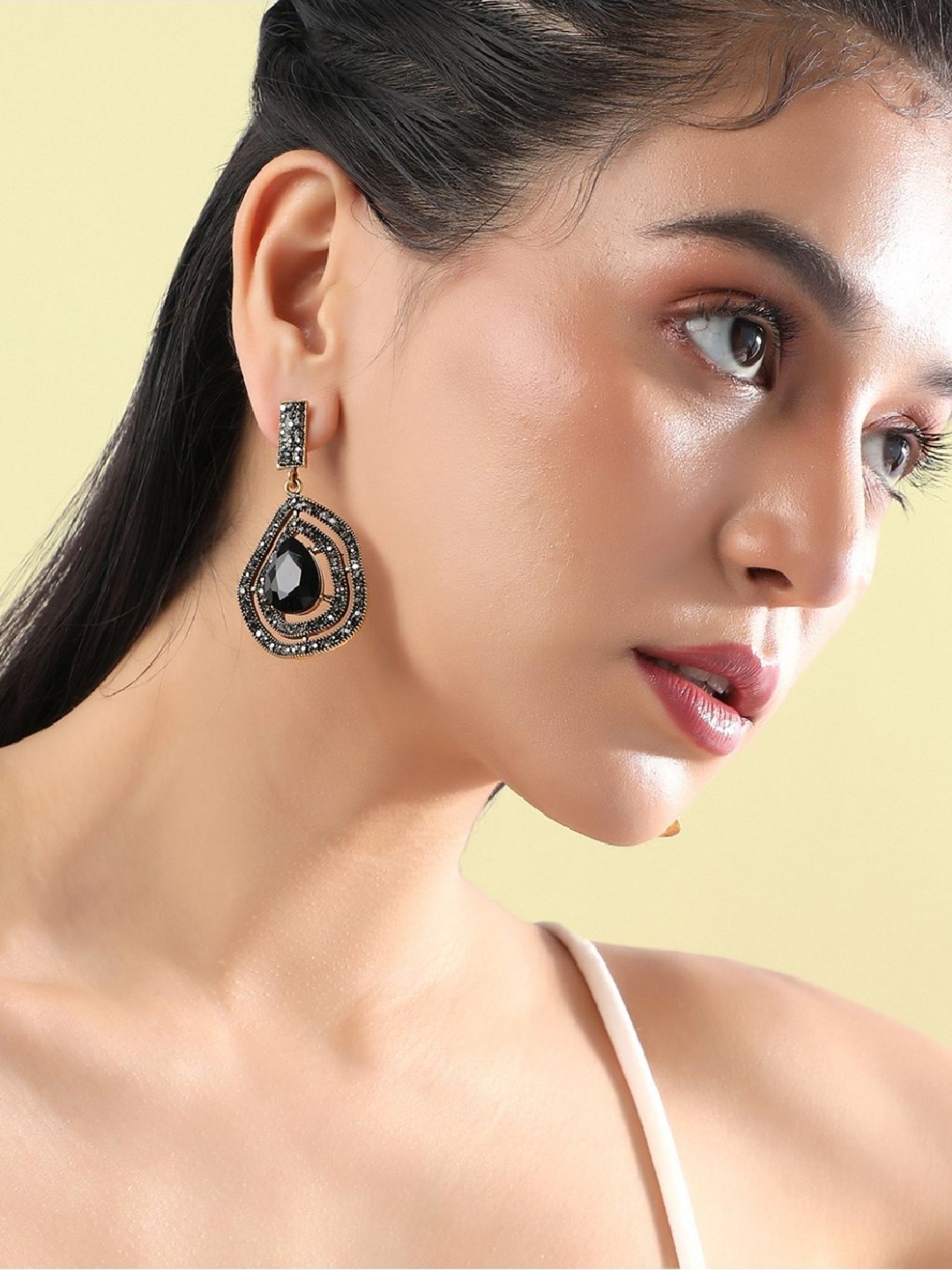 Sohi Women's Embellished Lined Teardrop Earrings  Carbon Black