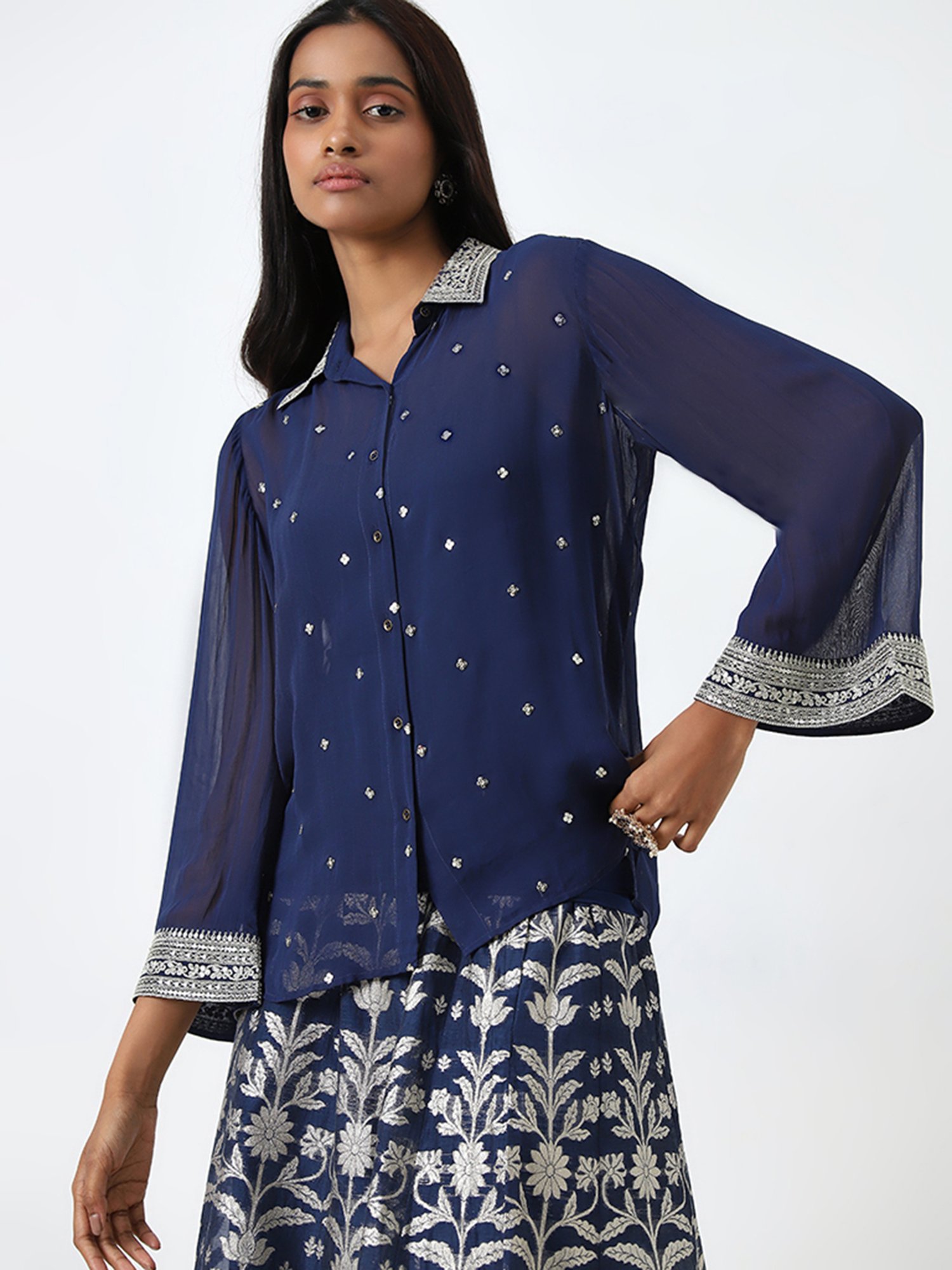 Vark by Westside Navy Embellished Shirt, Inner and Skirt Set