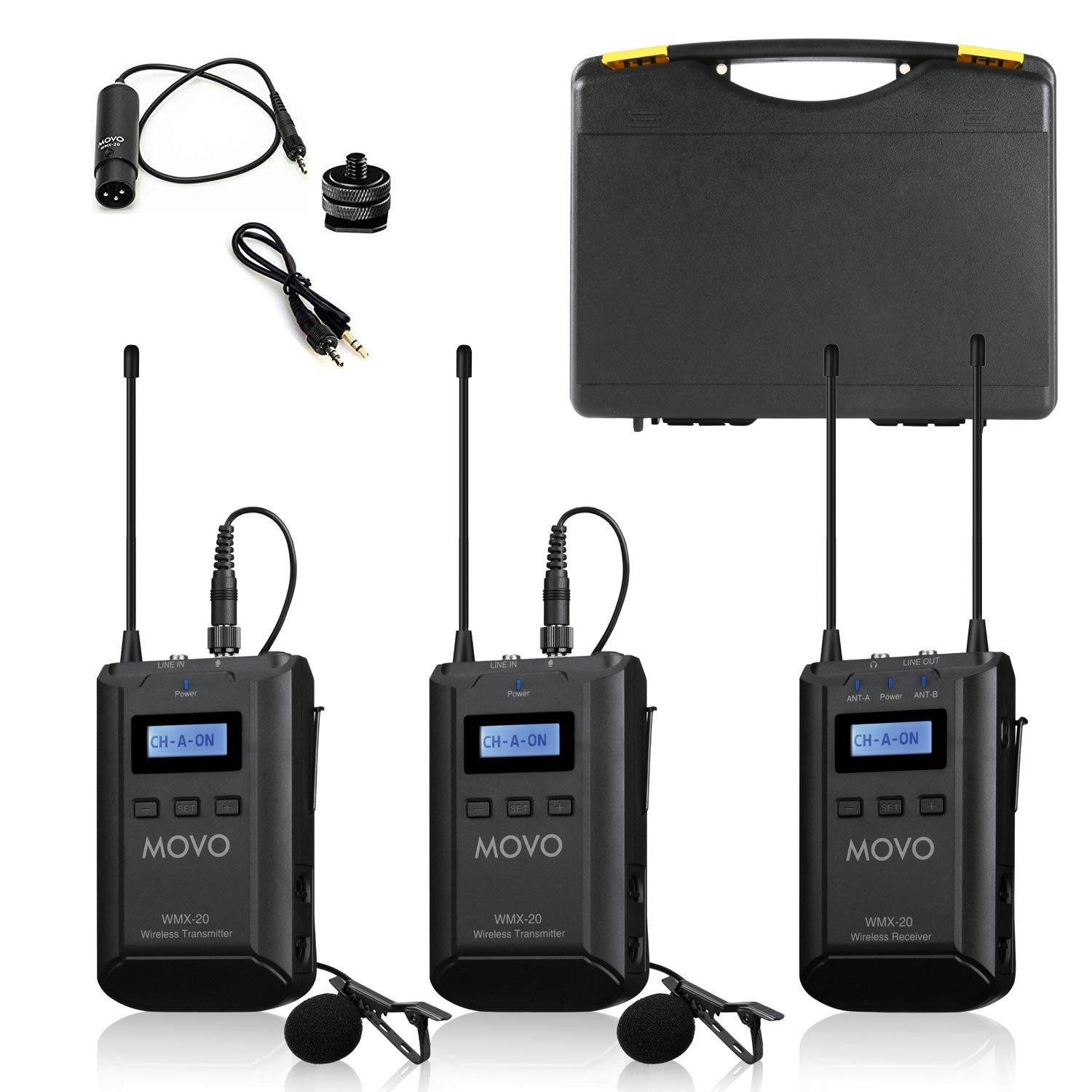 Movo WMX-20-DUO 48-Channel UHF Wireless Lavalier Microphone System with 1 Receiver, 2 Transmitters, and 2 Lapel Microphones Compatible with DSLR Cameras (330 ft Audio Range)