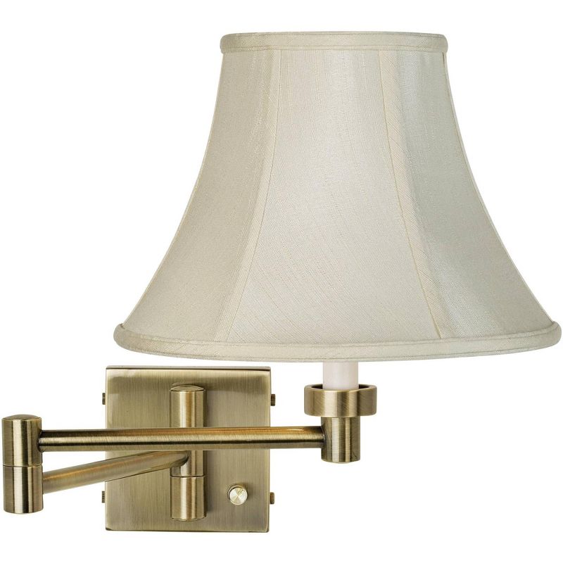 Barnes and Ivy Modern Swing Arm Wall Lamp Antique Brass Plug-In Light Fixture Creme Fabric Bell Shade Bedroom Bedside Living Room