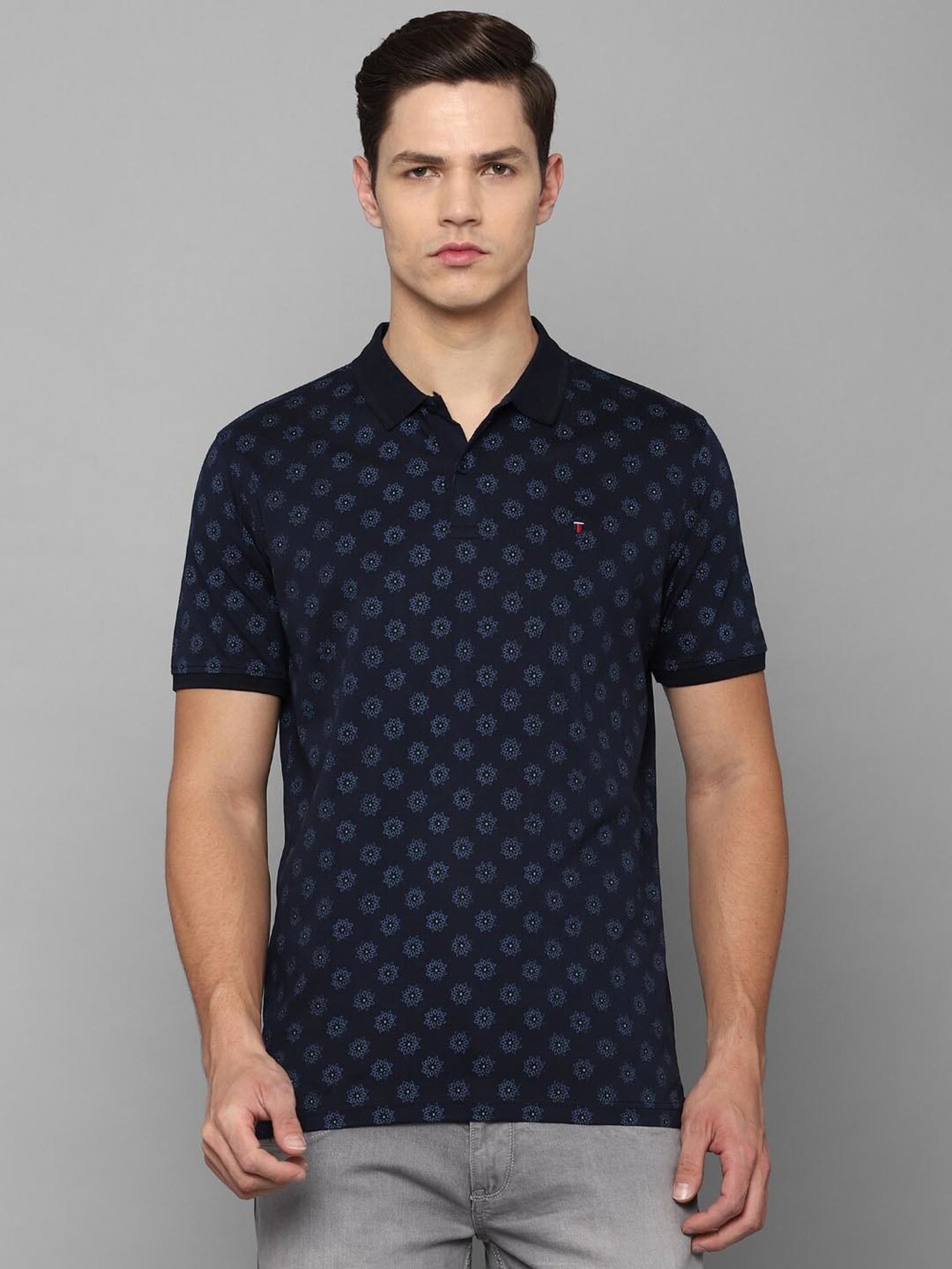 Louis Philippe Sport Navy Cotton Slim Fit Printed Polo T-Shirt