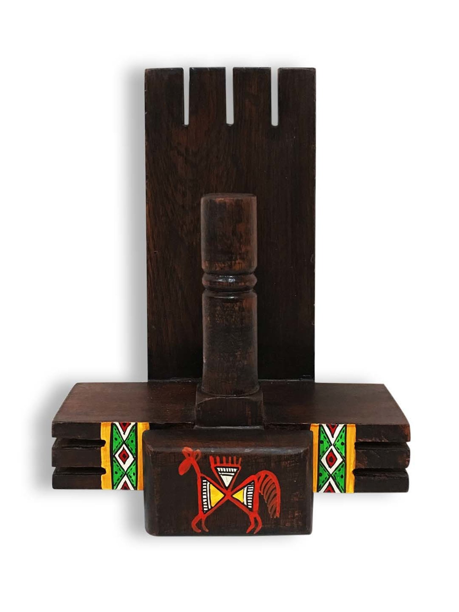 ExclusiveLane 'Vibrantly Warli' Cross Joint Hand-Painted Tissue Roll Holder In Teak Wood