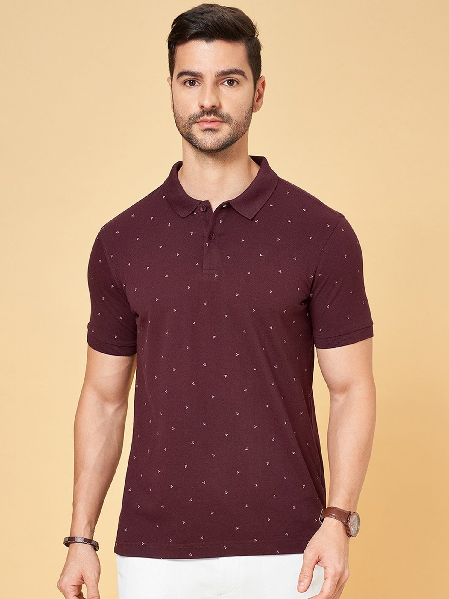 Byford by Pantaloons Wine Slim Fit Printed Polo T-Shirt
