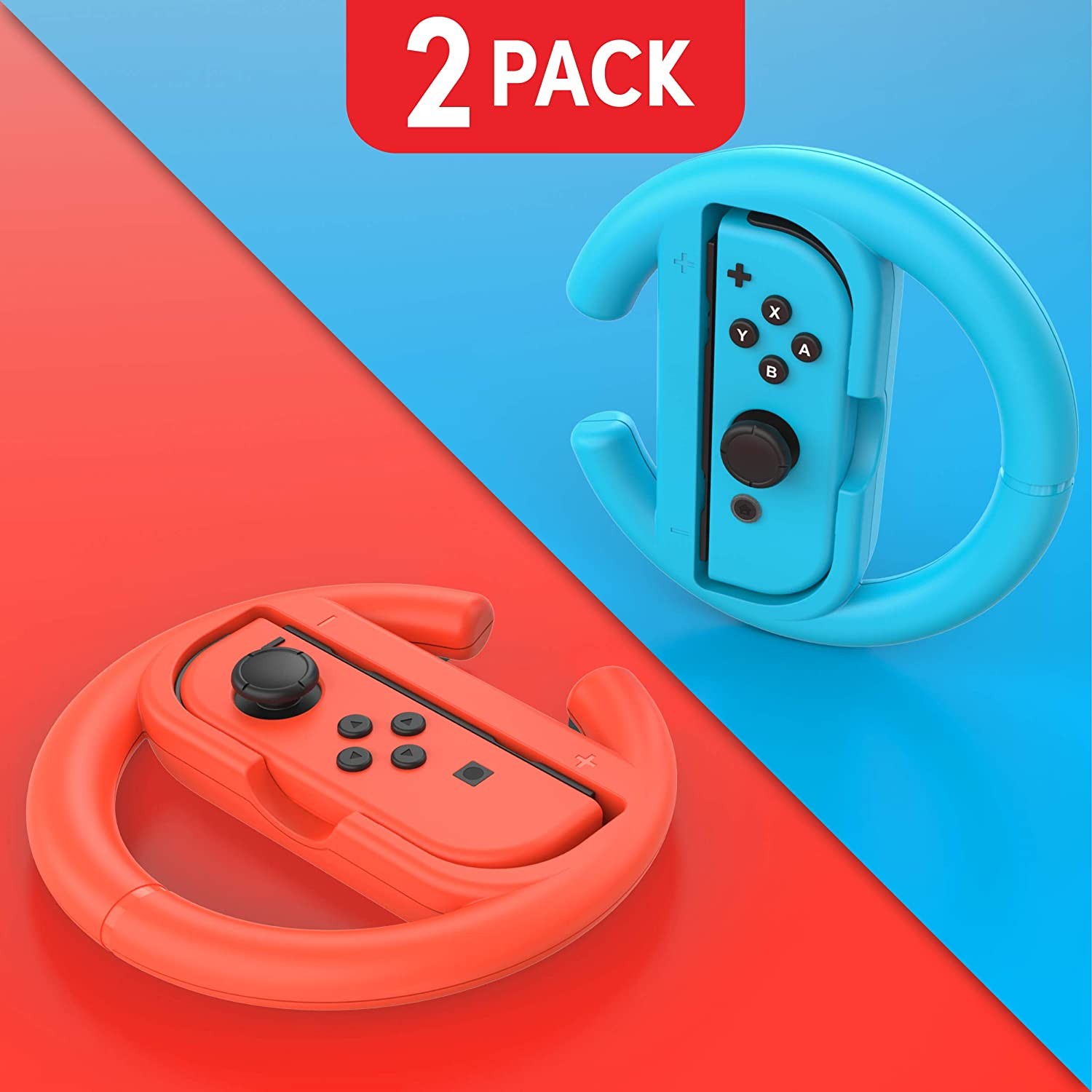 Steering Wheel Controller for Nintendo Switch (2 Pack) - Racing Games Accessories Joy Con Controller Grip for Mario Kart, Blue/Red Combo