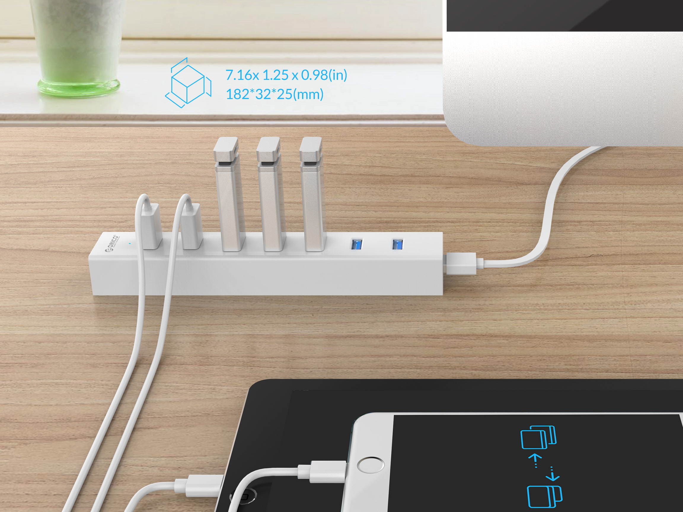 ORICO Super Speed USB 3.0 7 Port Hub with 3.3Ft. Power Cord and Data Cable - (ORICO H7013-U3-V1-BK) Black