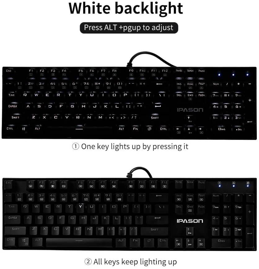 IPASON Mechanical Keyboard 104-key Metal Gaming Keyboard Blue Switch N-Key Rollover Backlit Keyboard for Office and Game Use
