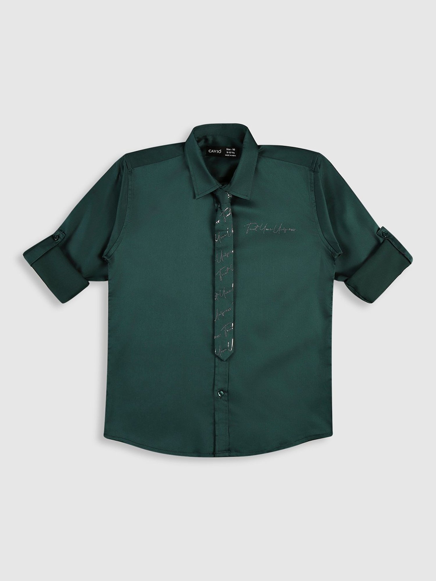 Cavio Kids Green Solid Full Sleeves Shirt with Tie