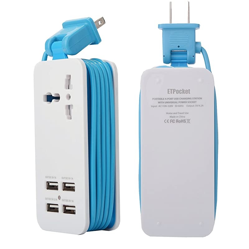 USB Power Strip, 4 Port USB Charger Station 5V 2.1A-1A 21W Travel Charging Strip Outlets 5ft Extension Power Supply Cord with Universal Flat Wall Plug 100V-240V Input USB Power Sockets (Blue)