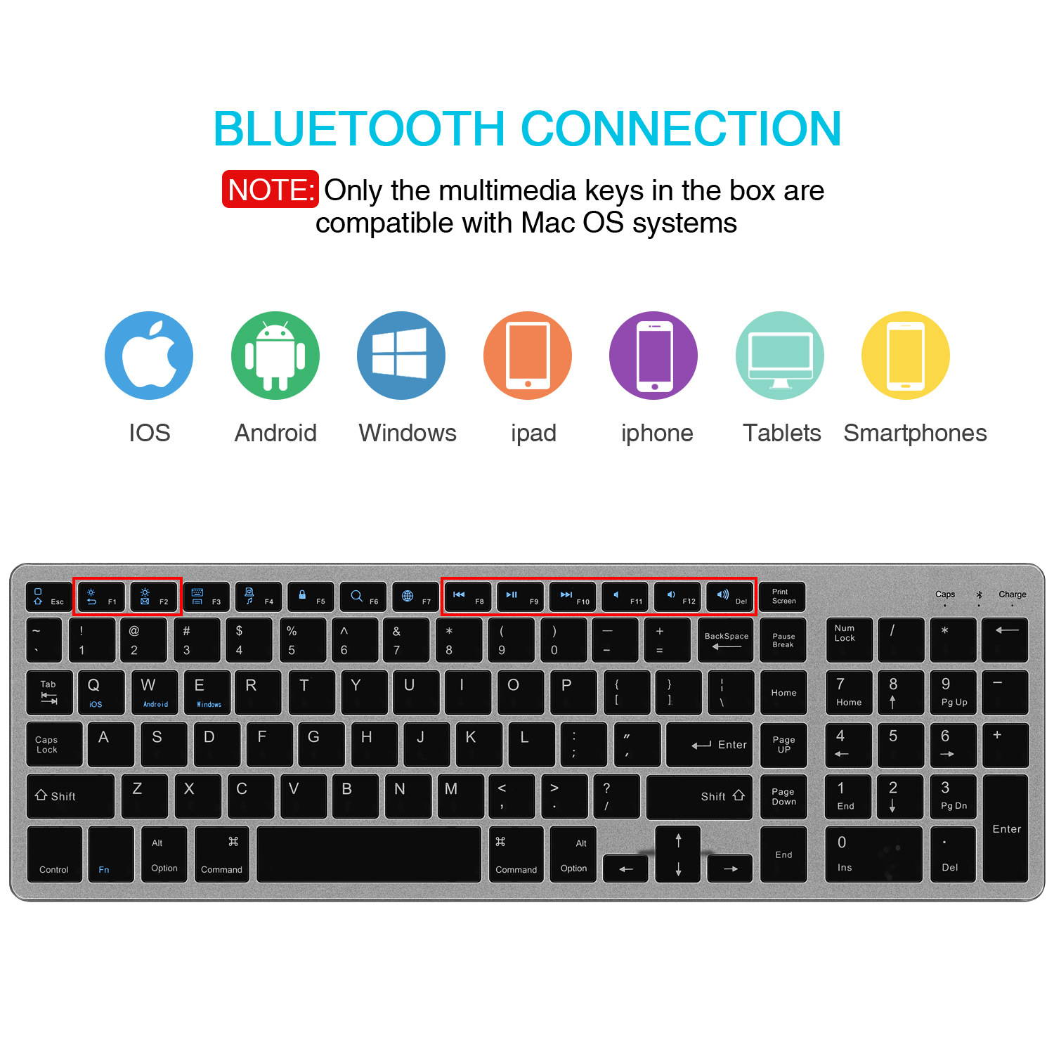 Rechargeable Bluetooth Keyboard Wireless Full Size Keypad with Number Pad for Laptop/Desktop support Win/IOS/Android