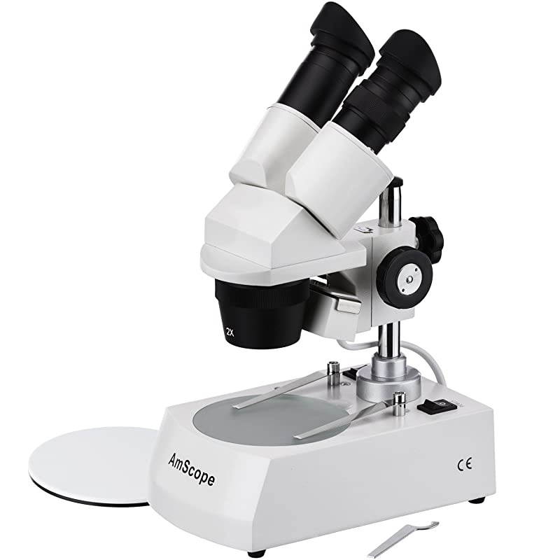 SE306-P Binocular Stereo Microscope, WF10x Eyepieces, 20X and 40X Magnification, 2X and 4X Objectives, Upper and Lower Halogen Lighting, Reversible Black/White Stage Plate, Pillar Stand, 120V
