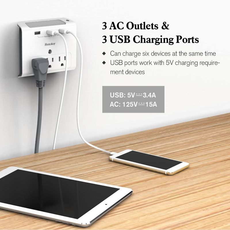 Huntkey 3 x SMD307 High Efficiency Wall Mount Outlet with Three 2.1 Amp USB Ports and Standard American Outlets, Cradle Ledge, White (2 Pack)