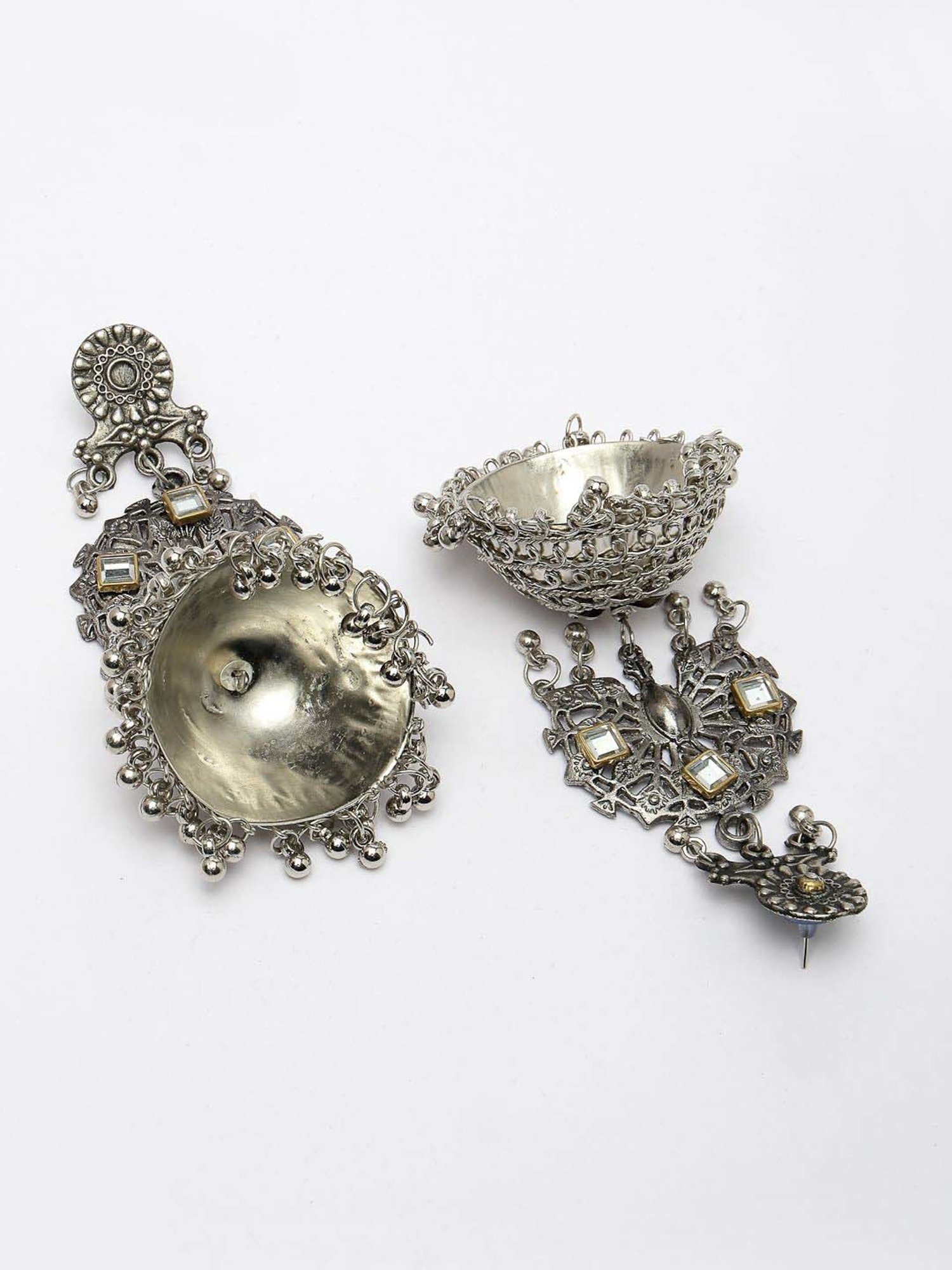 NVR Silver Plated Mirror Work Contemporary Oxidized Jhumki Earrings for Women