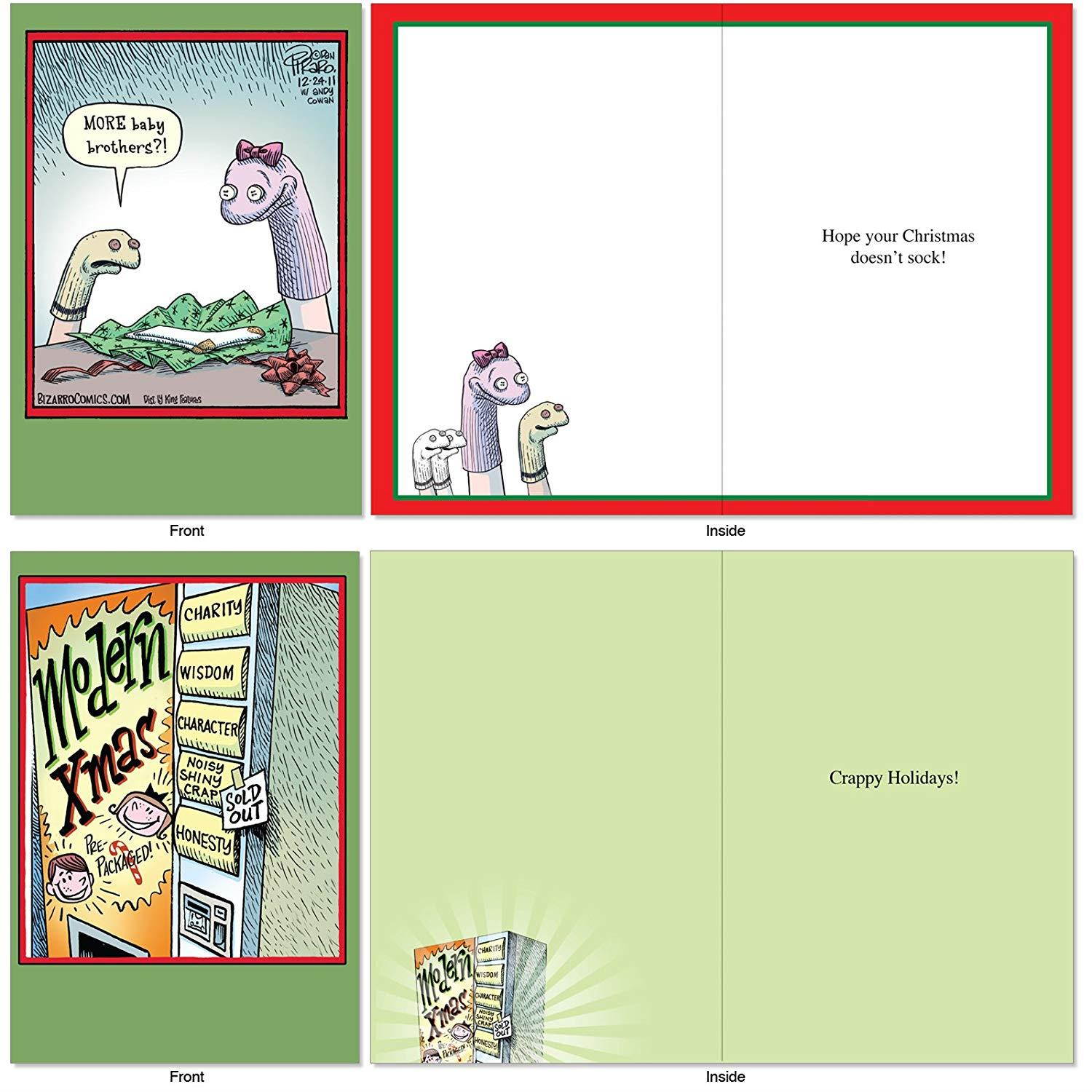 10 Hilarious 'Bizarro by Piraro' Merry Christmas Cards (4-5/8" x 6-3/4") - Assorted & Boxed Cartoon Holiday Cards with Envelopes - Funny Bulk Xmas Greeting Card Stationery for Family, Friends #A1256
