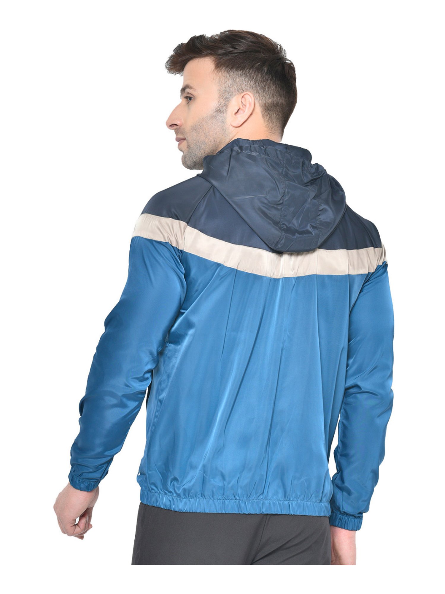 Chkokko Navy Blue Regular Fit Colour Block Hooded Jacket