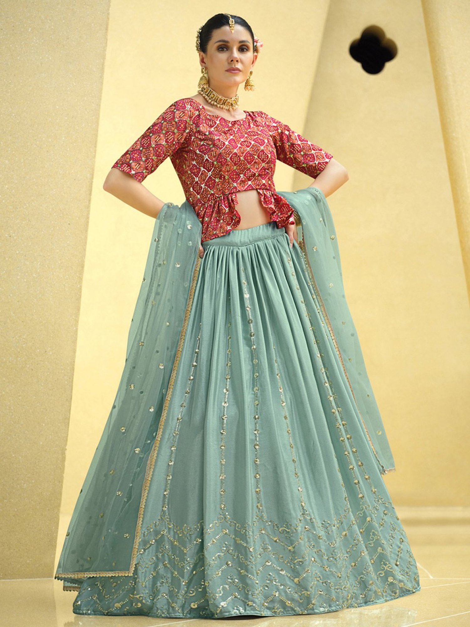 SHUBHKALA Sky Blue & Red Embellished Lehenga and Choli Set With Dupatta