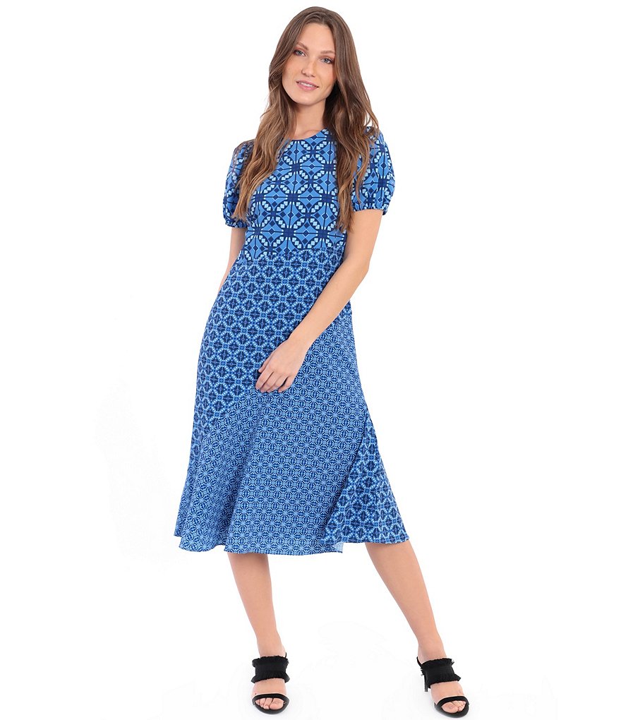 Donna Morgan Mixed Print Crepe de Chine Short Puff Sleeve Midi Dress