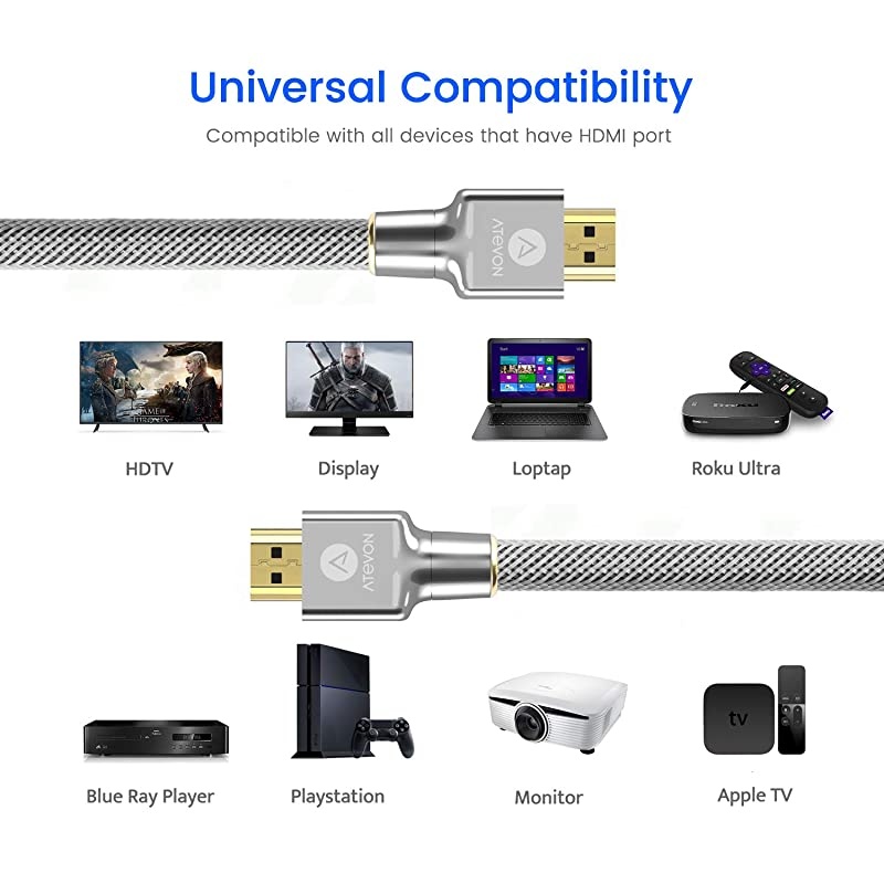 Cable 6 ft 4K High Speed 18Gbps 20 Cable 4K HDR 3D 2160P 1080P Ethernet28AWG Braided Cord Audio ReturnARC Compatible UHD TV Sliver