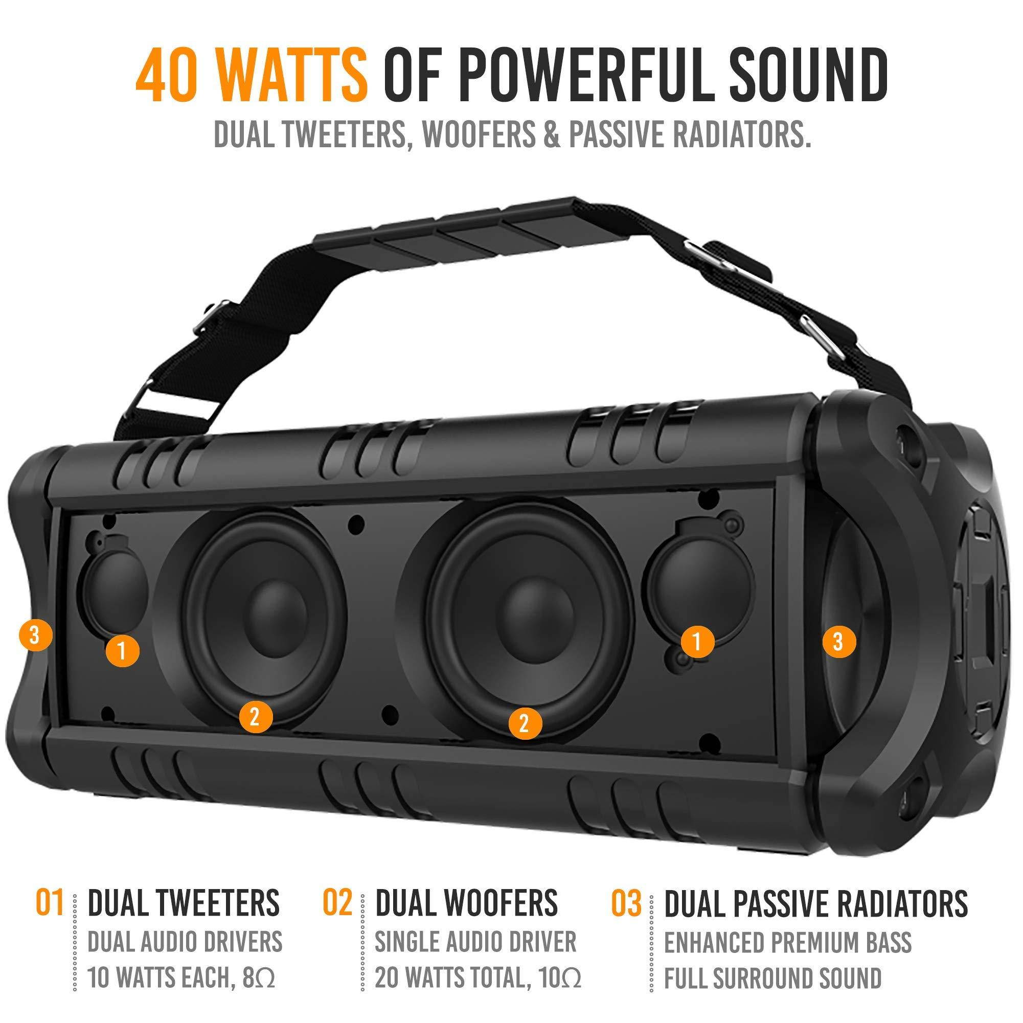 Waterproof Bluetooth Speaker, 40W Portable Wireless Speaker, 8000mAh Power Bank, Shockproof w/TWS, DSP, Stereo, Subwoofer, TF Card & Equalizer, Alpatronix AX500 for Parties, Indoor & Outdoor - Black