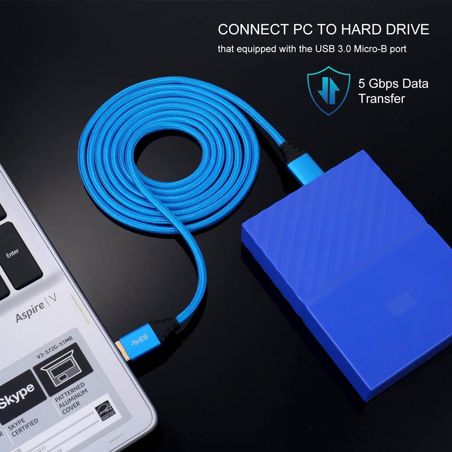 Galaxy S5 Charging Cable, Besgoods 3-Pack 6ft Braided Micro USB 3.0 Cable USB A Male to Micro B Charger Cable Compatible for Samsung Galaxy S5, Note 3, Hard Drive - Black White Blue