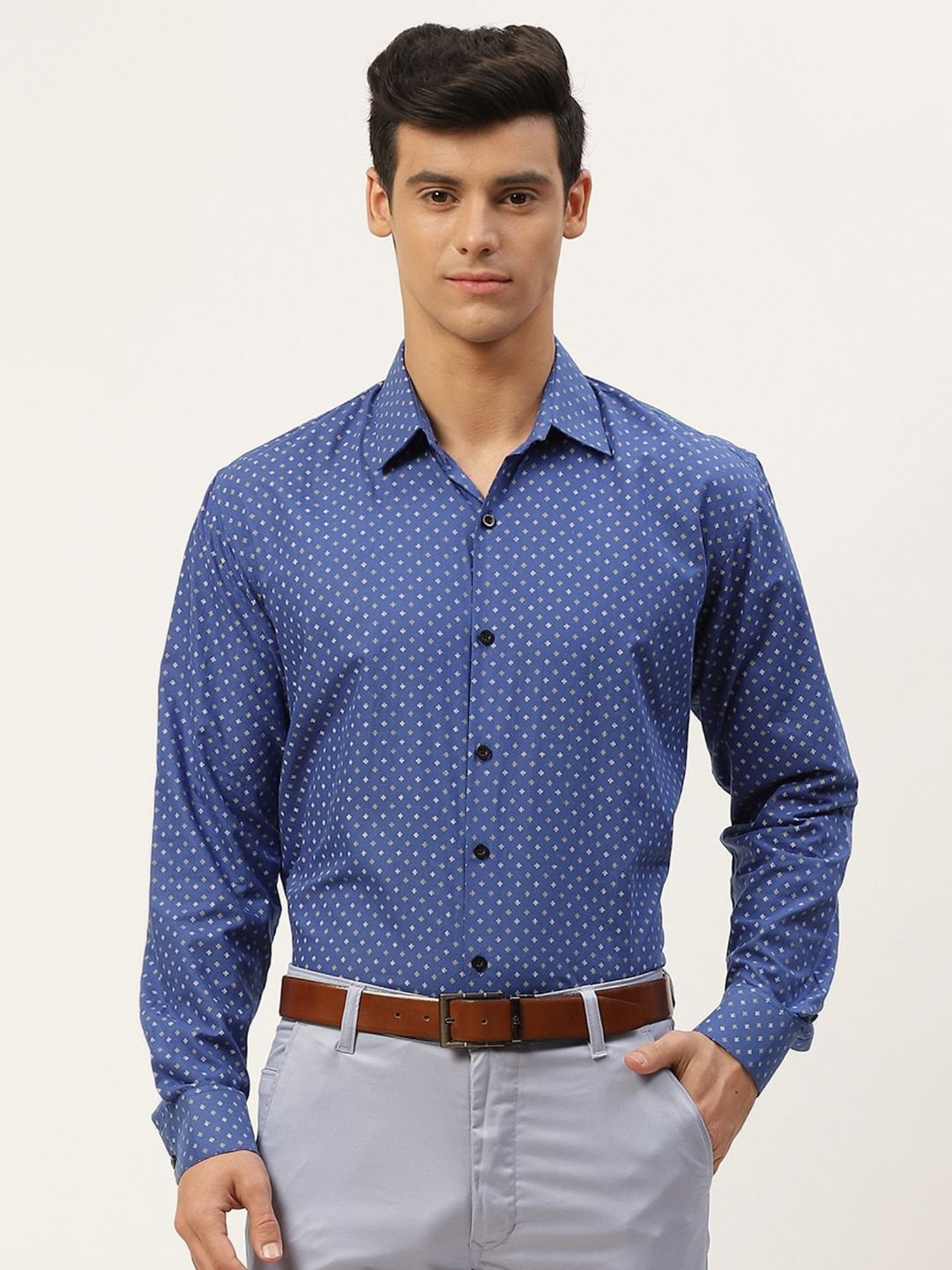 Sojanya Blue Cotton Regular Fit Printed Shirt