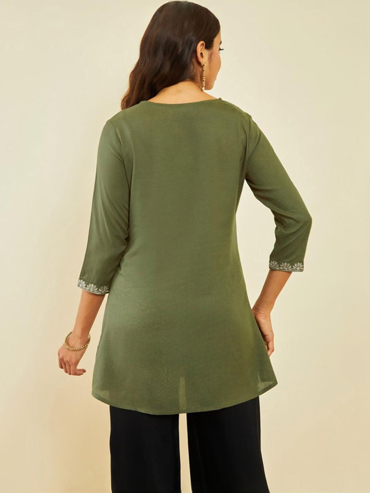 Soch Olive Rayon Paisley Embroidered A-Line Tunic with Vented Hemline