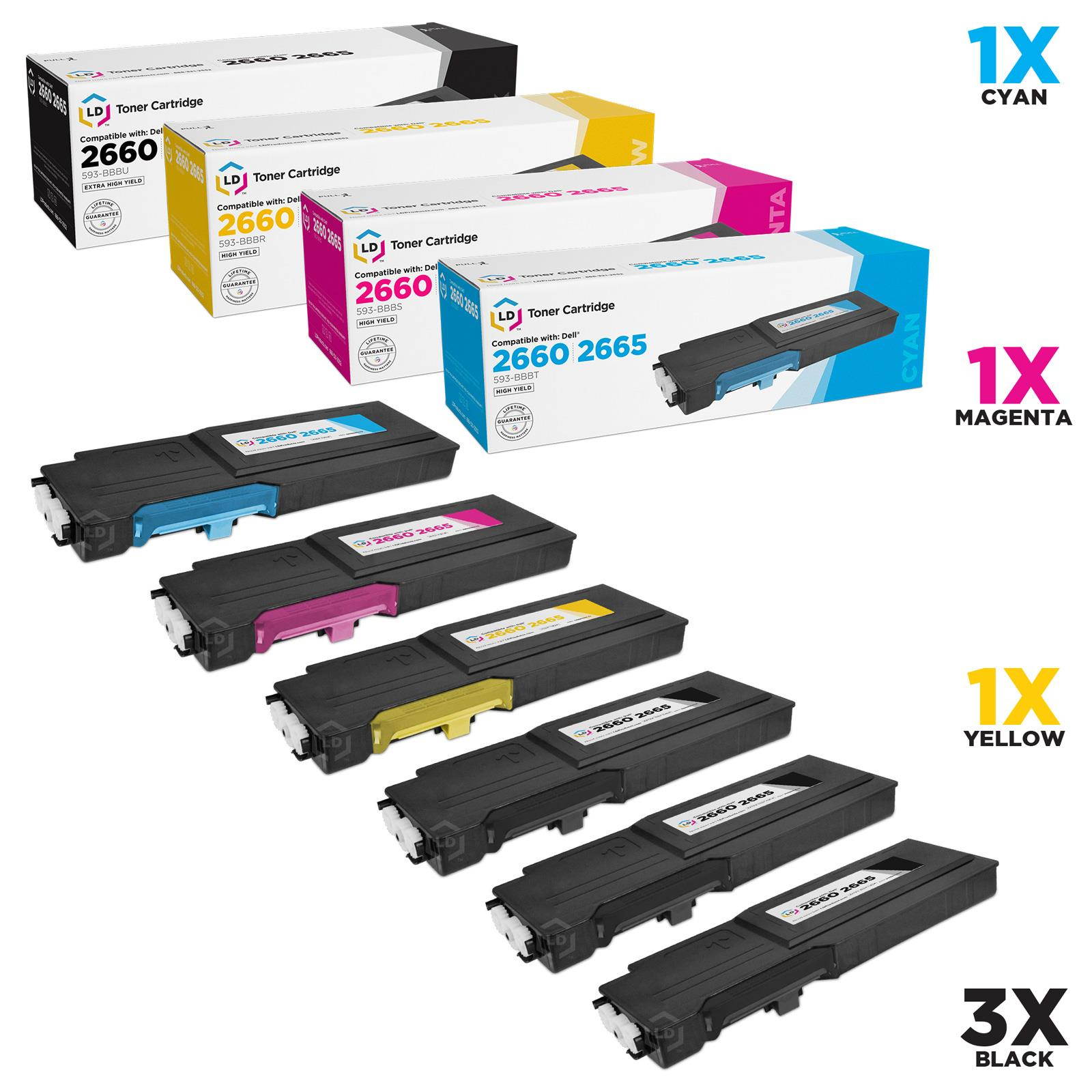 LD &copy; Dell Compatible C2660/C2665dnf Set of 6 High Yield Toner Cartridges Includes: 3 593-BBBU Black, 1 593-BBBT Cyan, 1 593-BBBS Magenta, and 1 593-BBBR Yellow