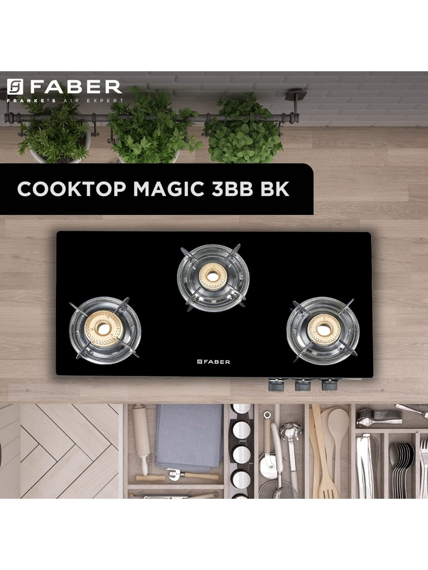 Faber Glass Top 3 Burner Gas stove with Jumbo Burner, Powder Coated Pan Support (Black)