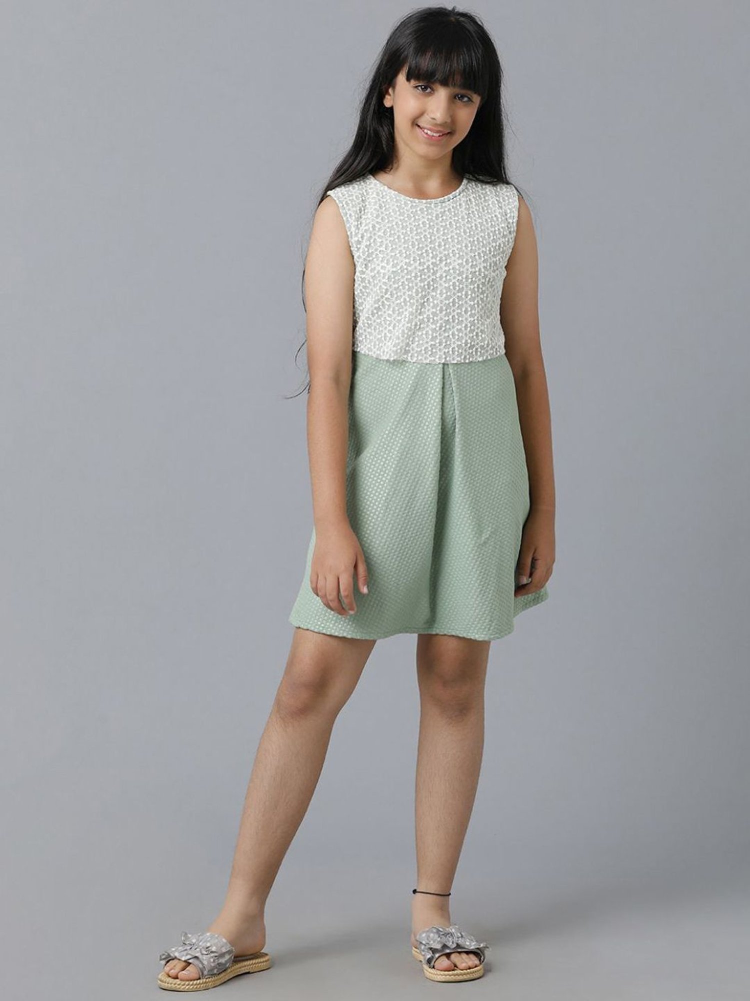 Under Fourteen Only Kids Green Cotton Embossed Dress