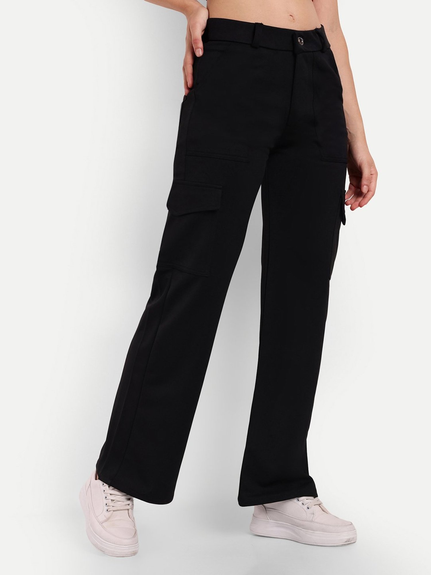 Broadstar Black Straight Fit High Rise Cargo Pants