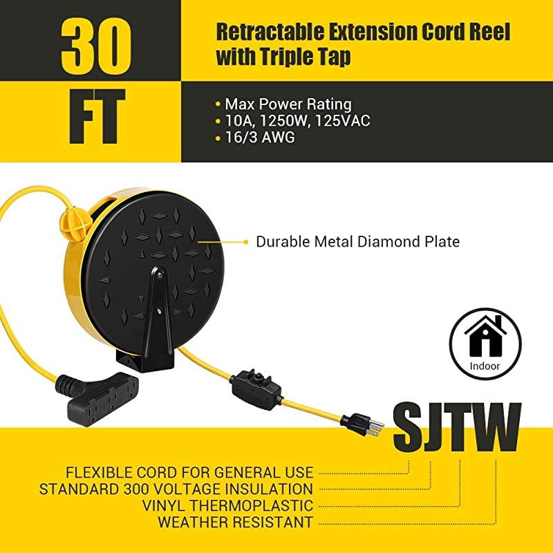 30 Ft Retractable Extension Cord Reel CeilingWall Mount 163 Gauge SJTW Power Cord with 3 Electrical Outlets Pigtail for Garage and Shop 10 Amp Circuit Breaker Metal Plate ETL Listed