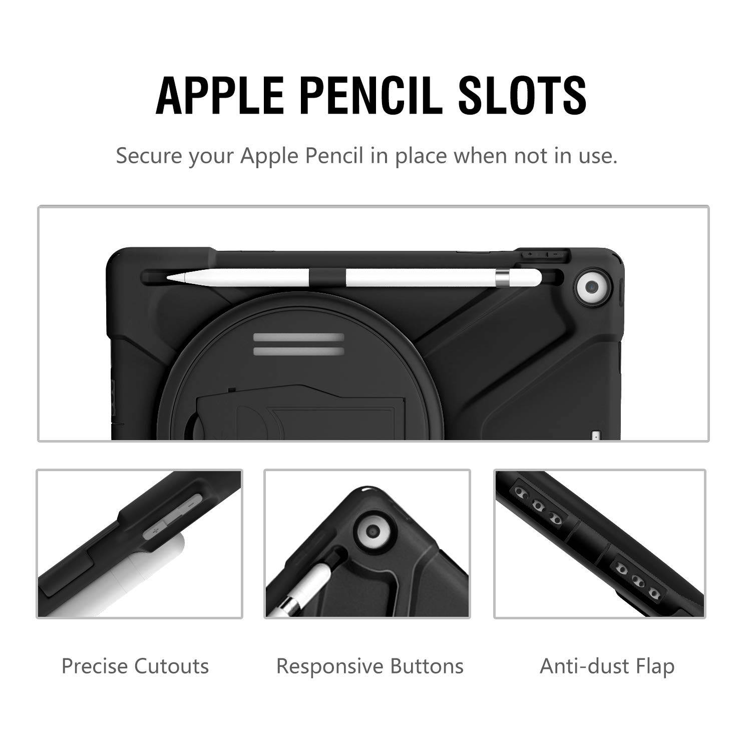 MoKo Fit 2018/2017 iPad 9.7 6th/5th Generation - Shockproof Protection Rugged Protective Heavy Duty iPad Case With 360 Degree Rotate Stand, Hand Strap, Shoulder Strap, Pencil Holder - Black