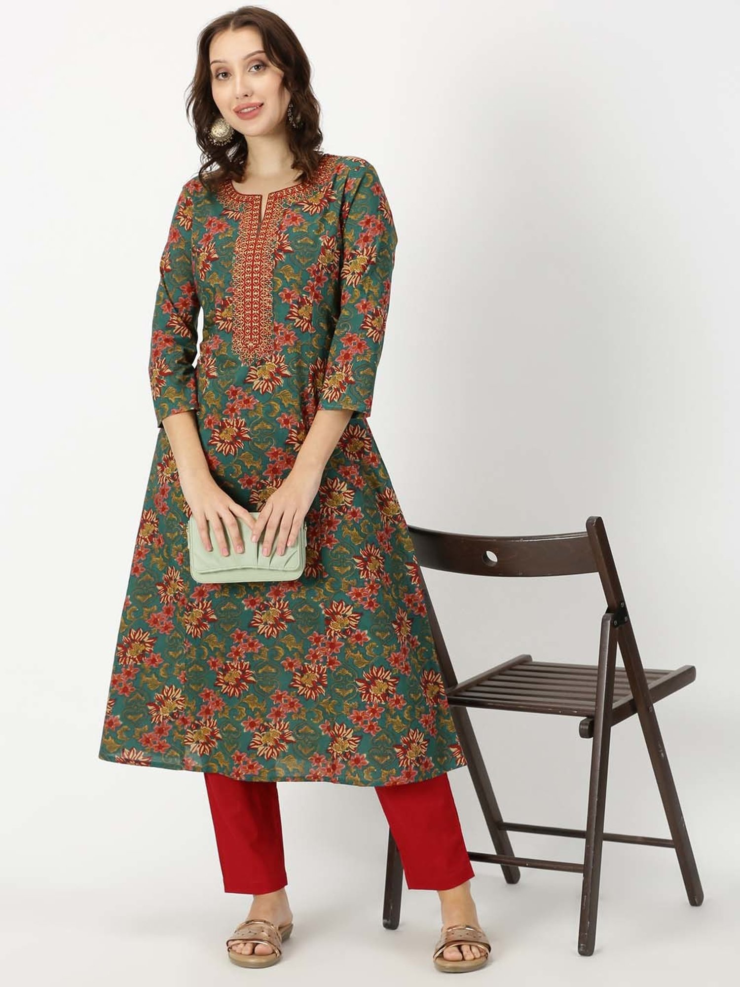 Saffron Threads Green Floral Print A Line Kurta