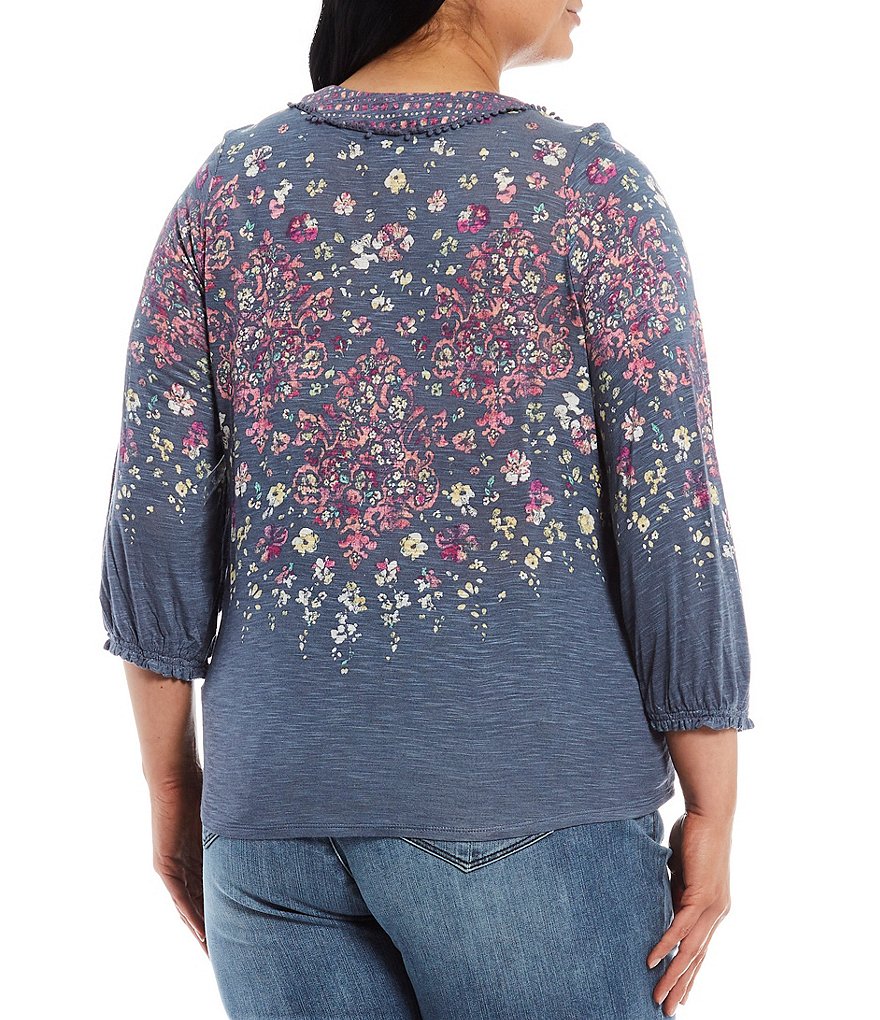 Democracy Plus Size Floral Placement Print V-Neck Blouson Long Sleeve Tie-Front Hem Top