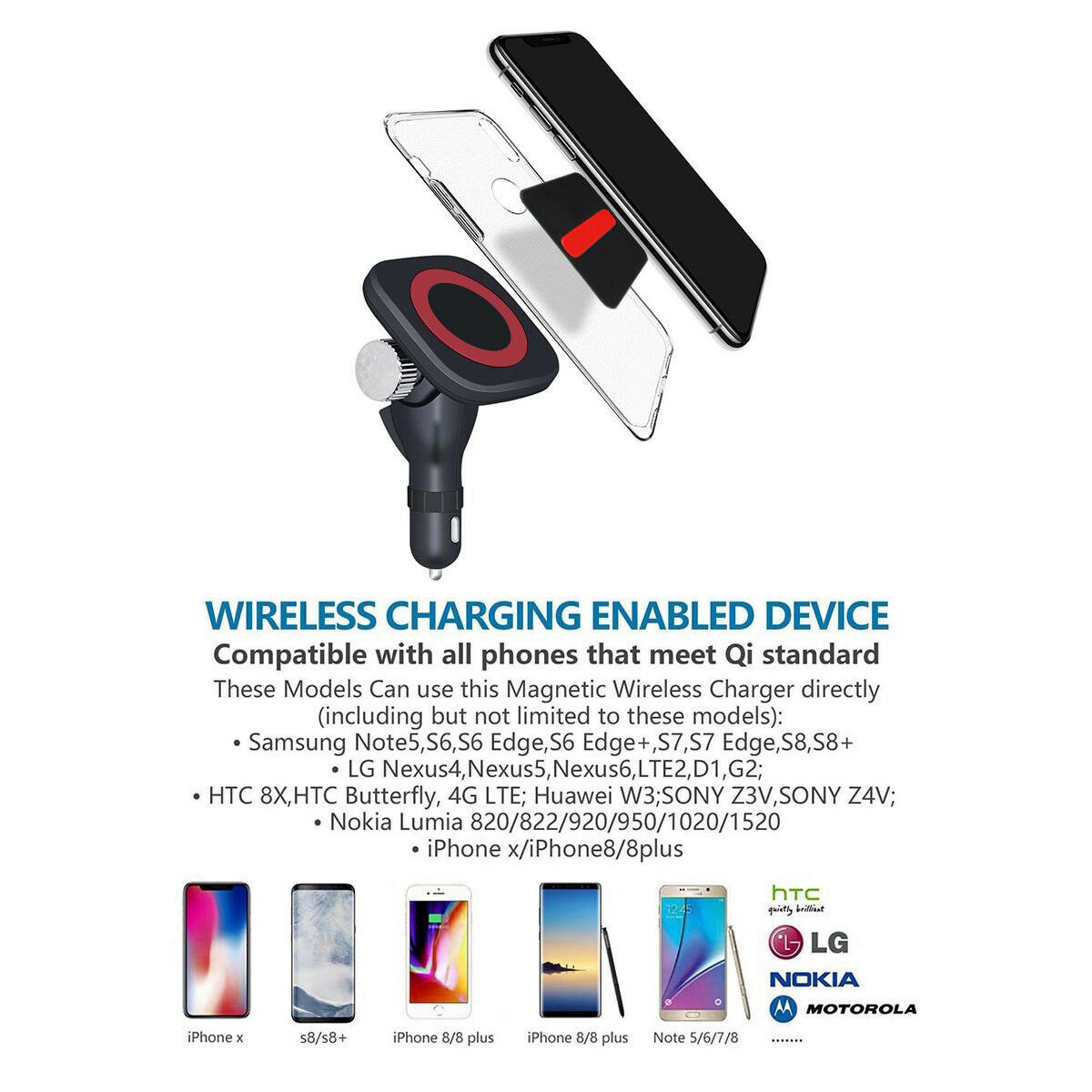 Qi Wireless Charger 12V Car Wireless Charger Holder Mount Magnetic Mount Car Charger Adapter for Samsung for Galaxy for iPhone