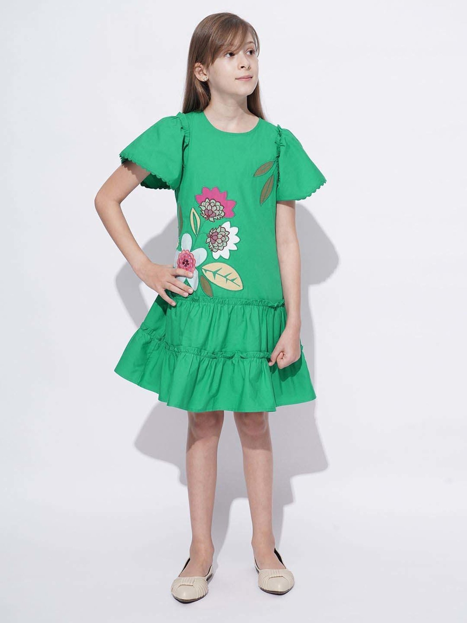 Vero Moda Girls Green Cotton Embroidery Dress