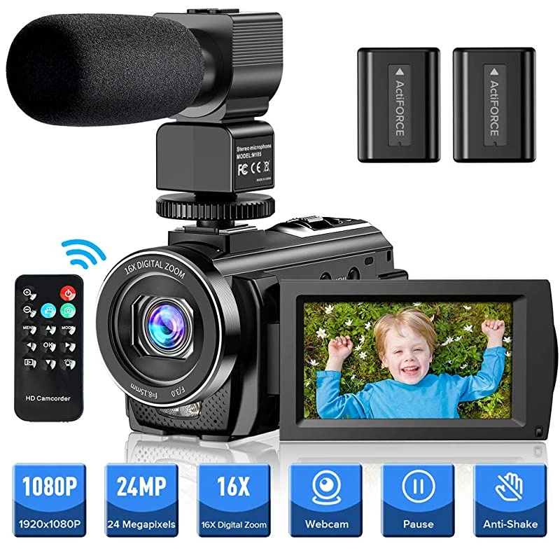Camera Camcorder YouTube Vlogging Camera FHD 1080P 30FPS 24MP 16X Digital Zoom 3quot LCD 270 Degrees Rotatable Screen Digital Camera Recorder with MicrophoneRemote Control2 Batteries
