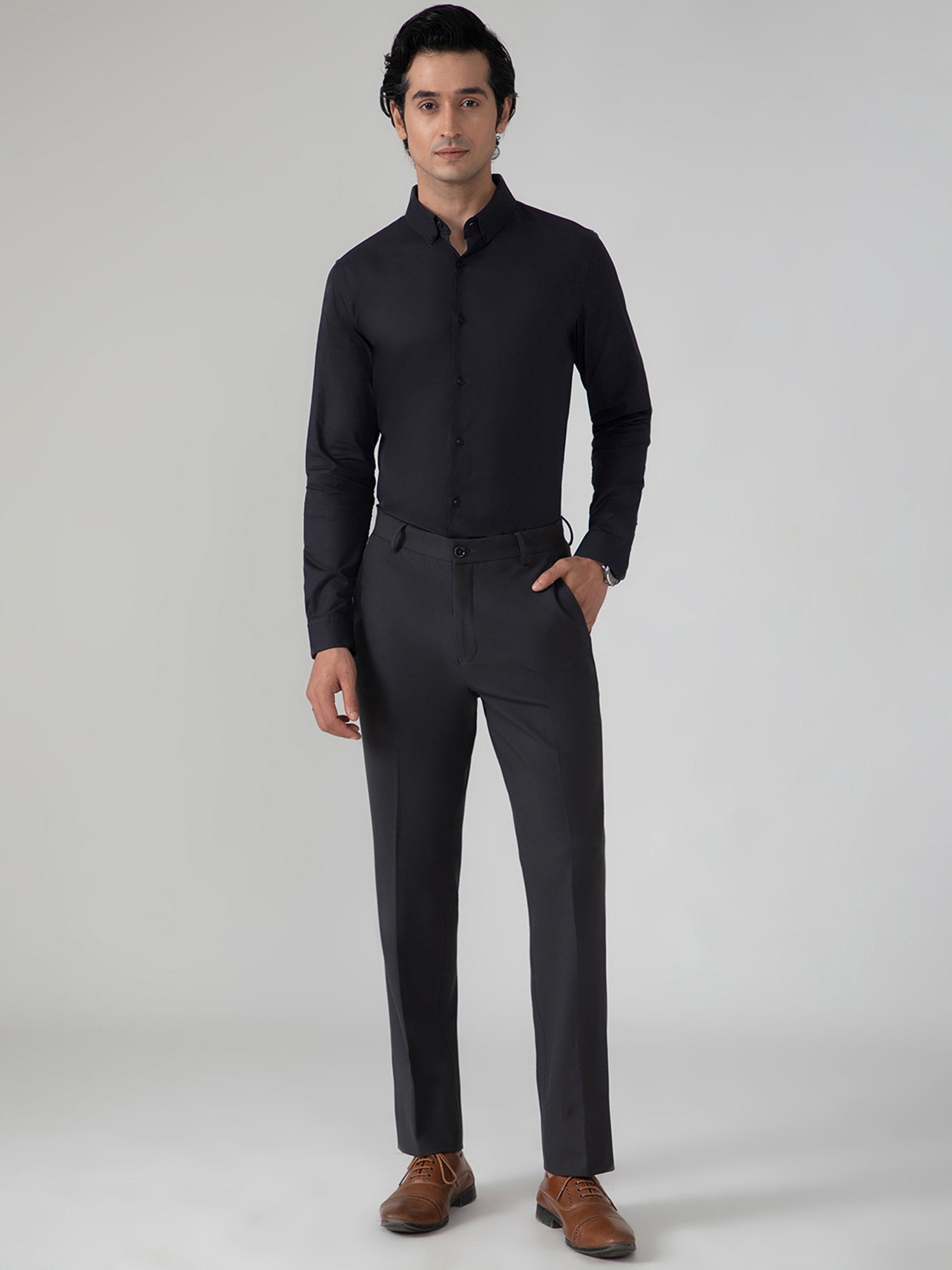 SUBTRACT Black Slim Fit Self Design Shirt