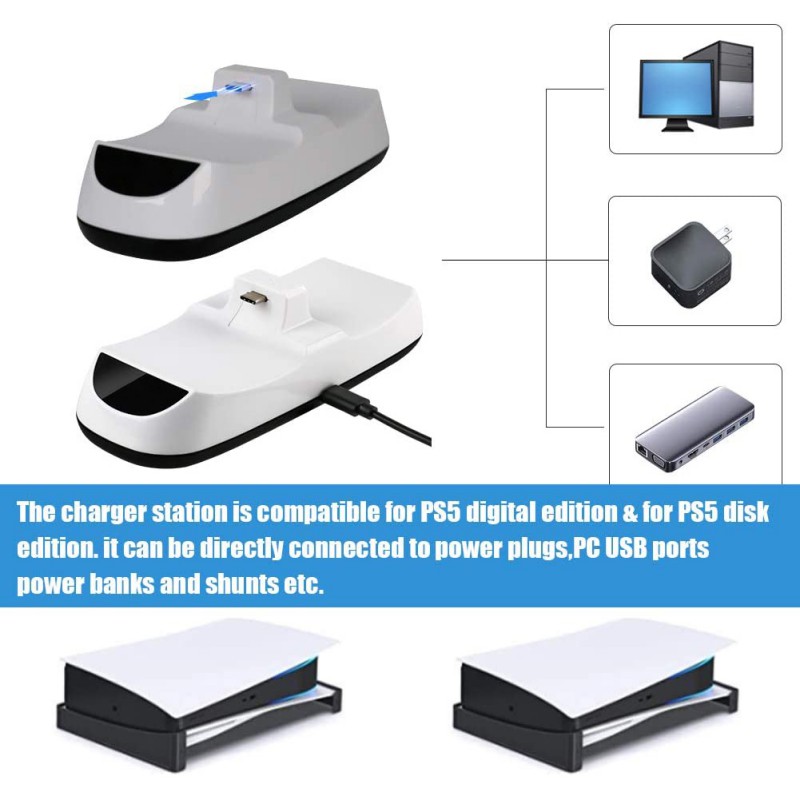 Ochine Dual Charger For PS5 Controller,Wechip Fast Charging Station Charger Dock With LED Indicator Safety Chip Protection Portable Gaming Charging Station Stand For Playstation 5 / PS5 Controller
