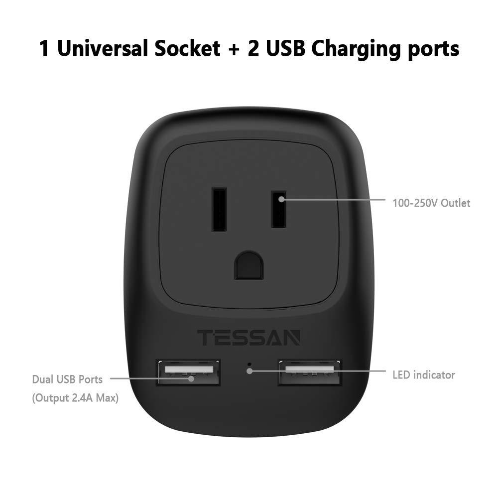 European Plug Adapter, TESSAN USA to Most of Europe Outlet Travel Adapter with 2 USB Charging Ports - 3 in 1 Europlug Power Adaptor -Type C Plug
