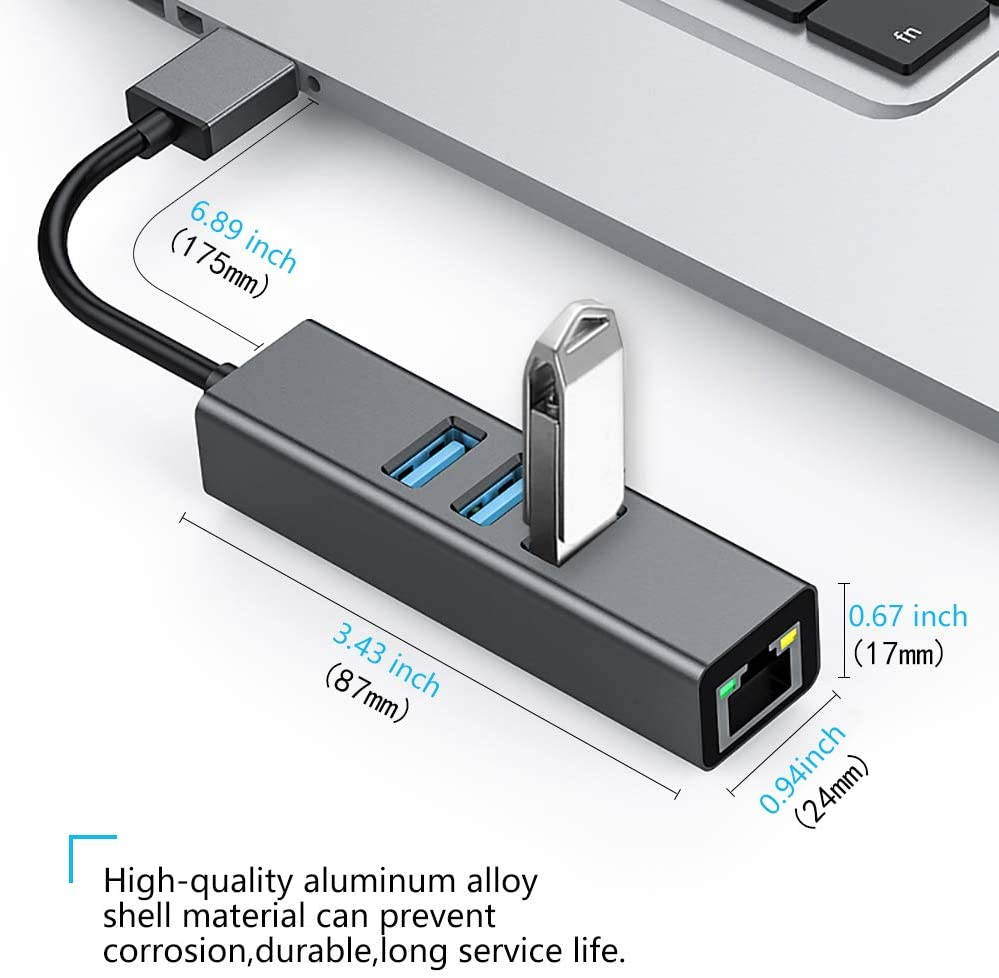 USB 3.0 Hub to 3x USB3.0 1x RJ45 Ethernet Adapter, with RJ45 10/100/1000 Gigabit Ethernet LAN Network to USB Adapter for Windows PC, Linux, MacBook, Ultrabook, Notebooks, Tablets, Aluminum (Black)
