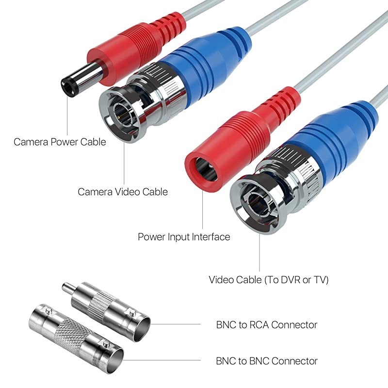 2 Pack 100ft 30 Meters 2in1 Video Power Cable BNC Extension Surveillance Camera Cables for Video Security Systems Included 2X BNC Connectors and 2X RCA AdaptersWhite Color
