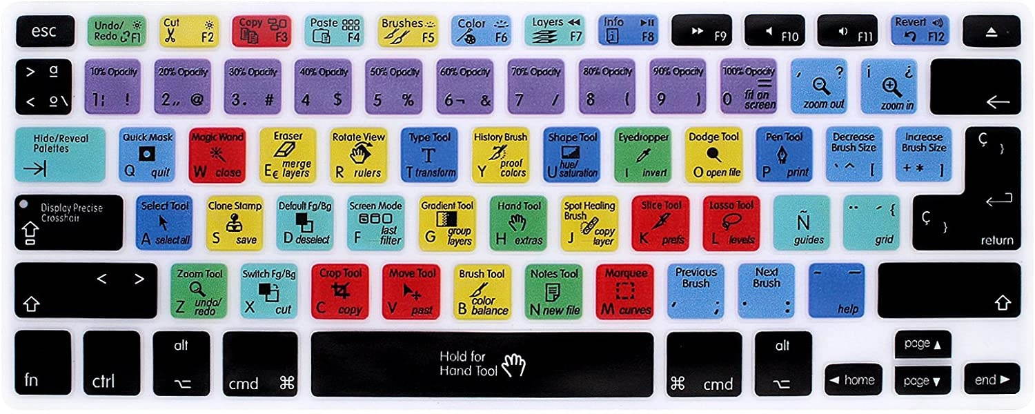 HRH Hot Key Function Shortcut Spanish Silicone Keyboard Cover Skin for Mac Air 13,MacBook Pro 13/15/17 (with or w/Out Retina Display, 2015 or Older Version)&Older iMac US/EU-Photoshop PS