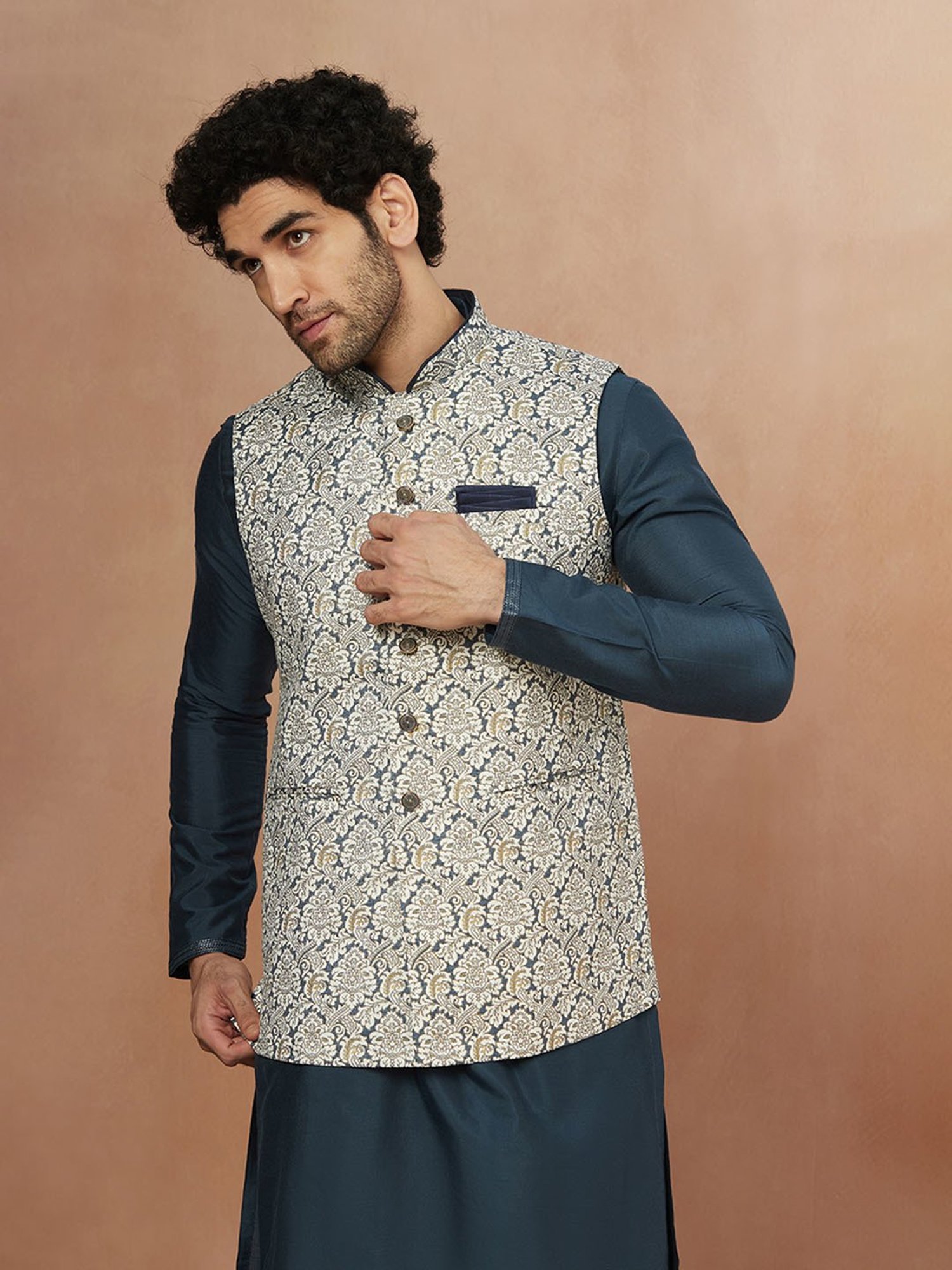 Manyavar White Printed Nehru Jacket