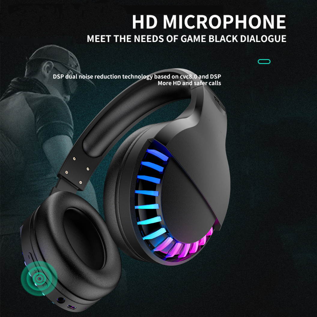 Bluetooth 5.0 Dual Modes True Wireless/ Wired RGB Light Headset Stereo Bass Gaming Headphones Foldable Noise Cancelling Headset